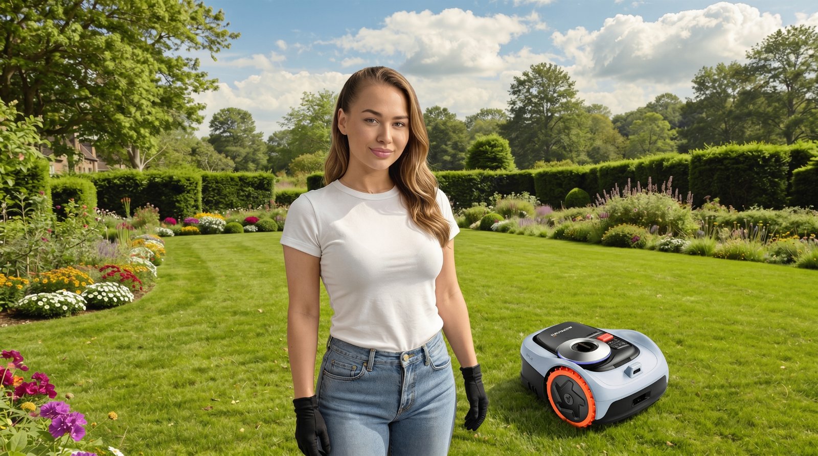 Woman standing in a manicured garden with a Segway Navimow robotic lawn mower
